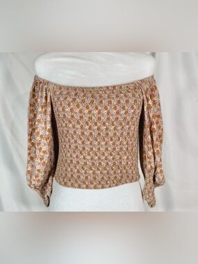 Bluesteel Off Shoulder Earth Color Smocked Crop Top With Puffy Sleeves Size L